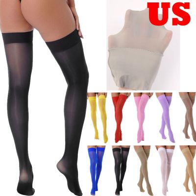 US Women's Glossy Lace Thigh High Stockings Stay Up Oil Glossy Sheer Pantyhose